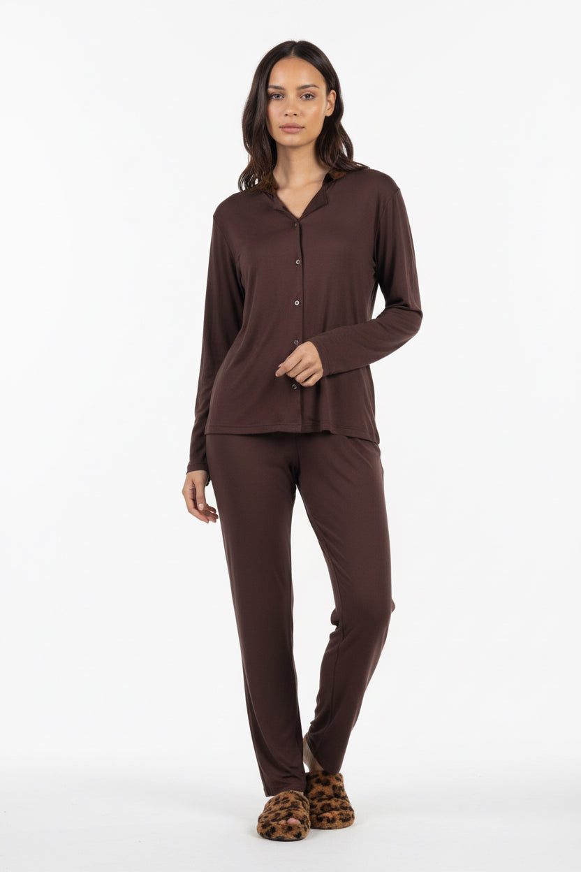 Pigiama donna ADMAS luxury limited edition modal con colletto in raso chocolate