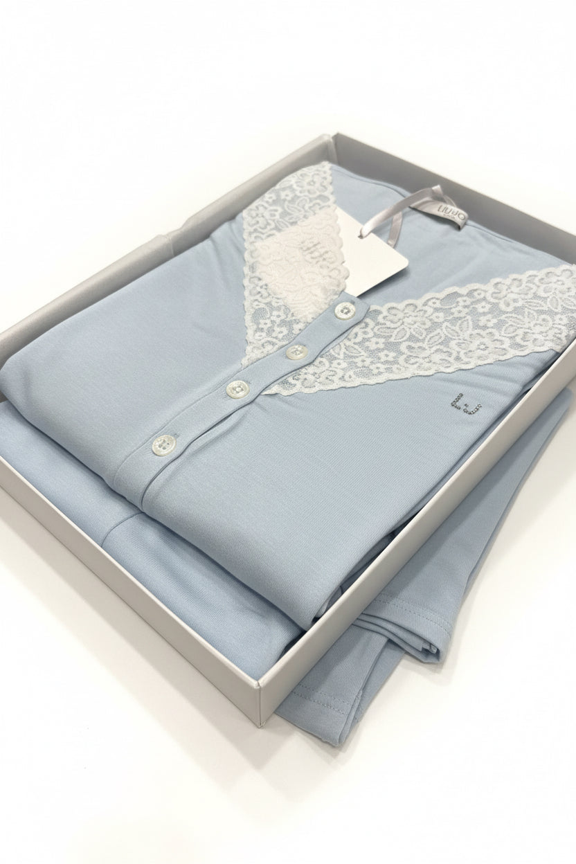 Pigiama donna Liu Jo serafino in viscosa colore azzurro manica lunga gamba lunga polsino in pizzo