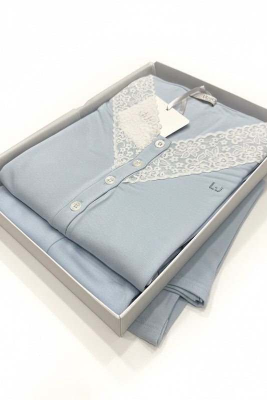 Pigiama donna Liu Jo serafino in viscosa colore azzurro manica lunga gamba lunga polsino in pizzo