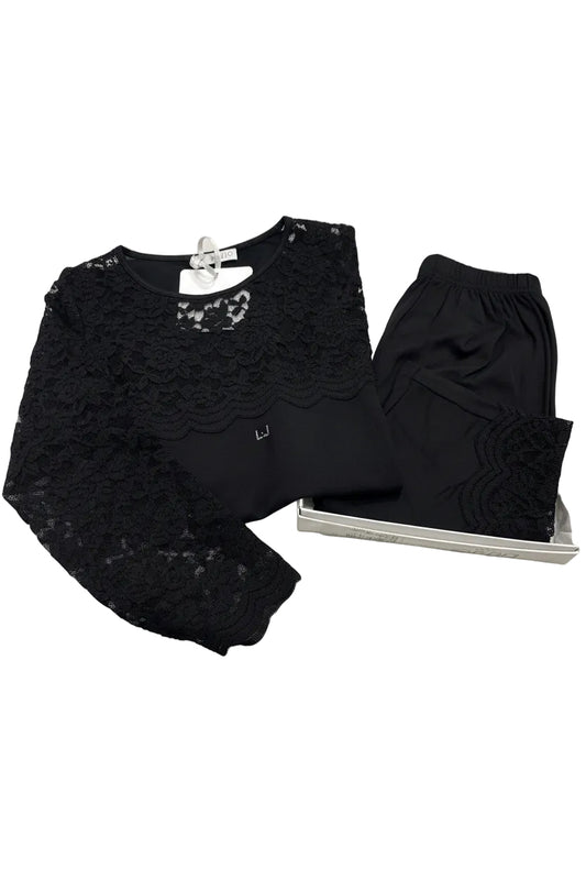 Pigiama Liu Jo donna viscosa manica lunga gamba lunga manica tutta in pizzo nero