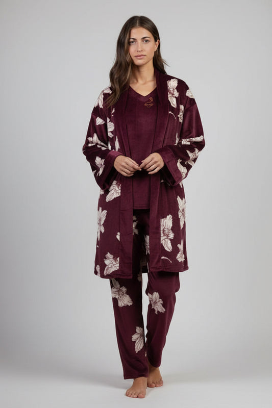 Vestaglia da donna sciallata ADMAS luxury limited edition in ciniglia  bordeaux