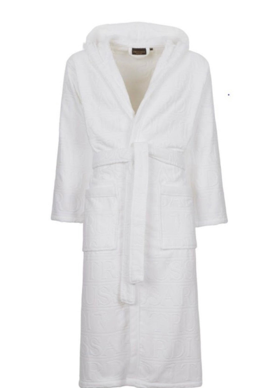 Accappatoio Overlogo ! Trussardi Unisex Con Cappuccio In Pura Spugna Di Cotone -Eleganza E Stile
